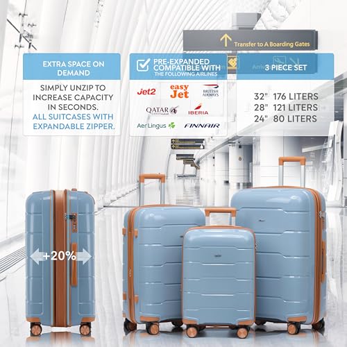 3-Piece Luggage Set Expandable Hardside Polypropylene Suitcase Set with TSA Locks & 8 Silent Spinner Wheels Lightweight Nested Suitcases Travel Set American Airline-Approved Carry-On - Blue/Tan - color: Blue/Tan, size: 3-Piece Set