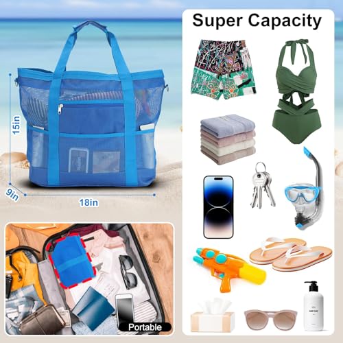 Mesh Beach Bags for Women - Plus Waterproof Sandproof Tote Bag - color: Blue With Top Zipper, size: Large