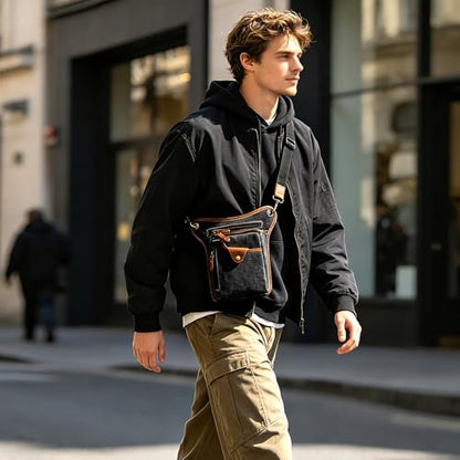 Water Resistant Canvas + Leather Motorcycle Fanny Waist Pack One Shoulder Drop Leg Thigh Bag For Men Women FB211-6 - color: 211-5 Black