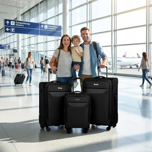 3PCS Softside Luggage Set,Upright Spinner Softshell Luggage - color: Black, size: 3-Piece Set (22 inch/28 inch/32 inch)