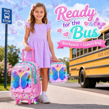 AGSDON 3PCS Rolling Backpack for Girls Boys, Kids Roller Wheels Bookbag, Wheeled School Bag with Lunch Bag - color: Rolling Butterfly Pink Backpack