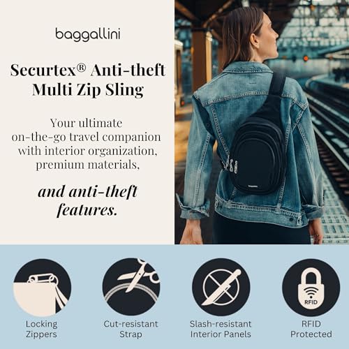 Baggallini Securtex® Anti-Theft Multi Zip Sling - Lightweight 8.6"x15.2" Travel Bag with Locking Zippers & RFID Protection - color: Mist