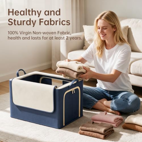 3 Openings Clothes Storage Bins with Metal Frame，100L (navy blue) - color: Navy Blue, size: 100L(23.6''X16.5"X15.7")