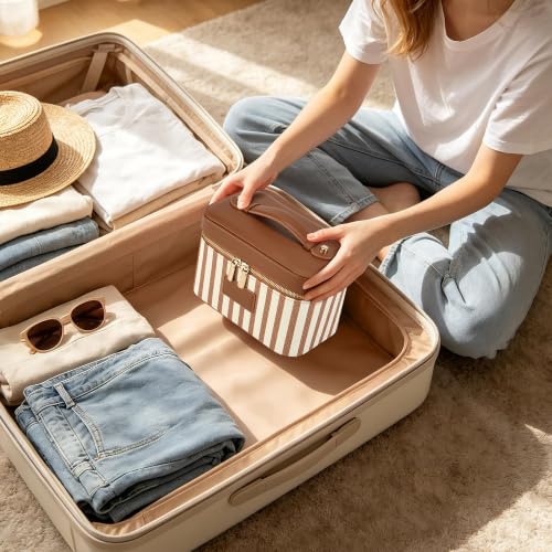 Makeup Bag Travel Toiletry Leather Cosmetic Case, Waterproof Makeup Organizer with Brush Holder, Wipe Clean Removable Divider Vanity Train Bag for Women, Caramel Brown - color: Caramel Brown