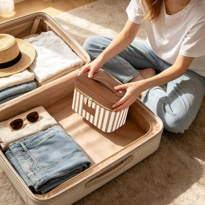 Makeup Bag Travel Toiletry Leather Cosmetic Case, Waterproof Makeup Organizer with Brush Holder, Wipe Clean Removable Divider Vanity Train Bag for Women, Caramel Brown - color: Caramel Brown