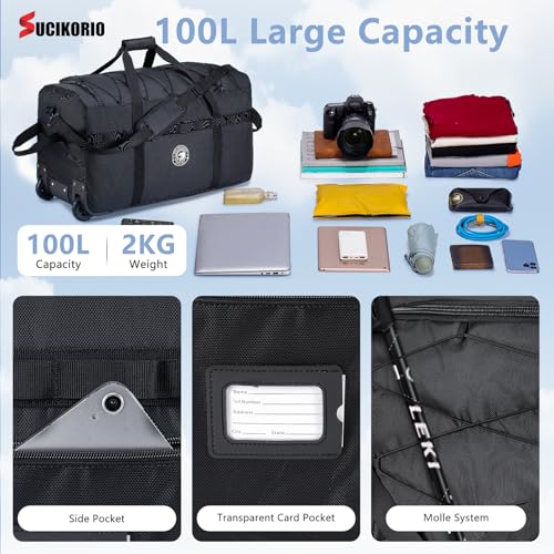 Foldable Travel Duffle Bag with Wheels and Handle Large 100L XL Rolling Travelling Duffel Bags Waterproof Oxford Carry On Hand Luggage Deployment Bag With Storage Bag & Combination Padlock - color: Black