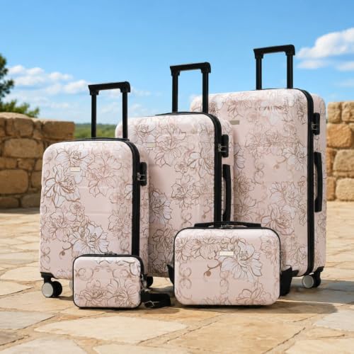 5-Piece Hardside Lightweight Impact-Resistant Luggage Set with 20/24/28 Inch Suitcases, 8/14 Inch Carry Cases, Combination Lock, Smooth Spinner Wheels for All Travel Needs - color: Pink Flower