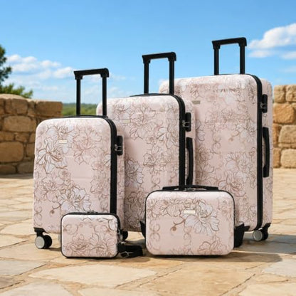 5-Piece Hardside Lightweight Impact-Resistant Luggage Set with 20/24/28 Inch Suitcases, 8/14 Inch Carry Cases, Combination Lock, Smooth Spinner Wheels for All Travel Needs - color: Pink Flower