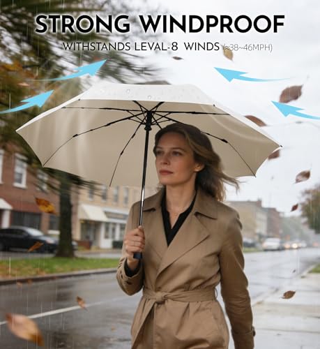 Windproof Travel Umbrella for Rain - 43" Compact Folding Umbrella, Reinforced Strong Frame, Lightweight Portable Parasol with UPF 100+ UV Sun Protection, Cruise Ship Essentials - color: 1-Khaki