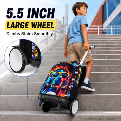 HPJGD Big-Wheel Rolling Backpack for Boys with Lunch Box & Pencil Case - 3-Pack Travel Set Featuring Cool Dog with Sunglasses Design, Water-Resistant & Reflective Wheeled Bookbag for School/Trips - color: Cool Rolling Backpack Sunglasses Dog