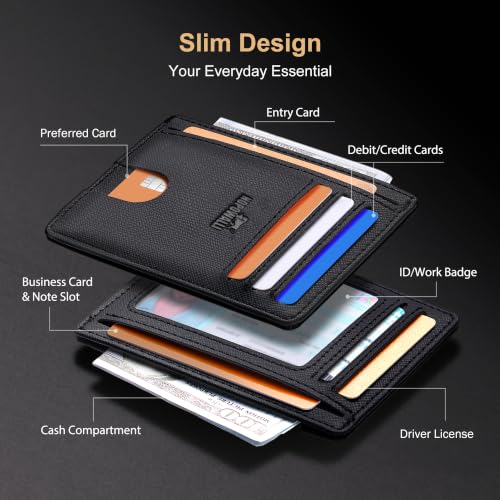 Genuine Leather Mens Wallet Slim RFID Blocking Credit Card Holder - color: Saffiano Black