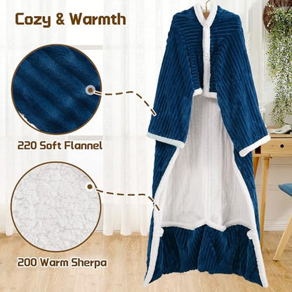 Wearable Heated Blanket with Sleeves& Foot Pocket Electric Robe, Navy - color: Navy Blue
