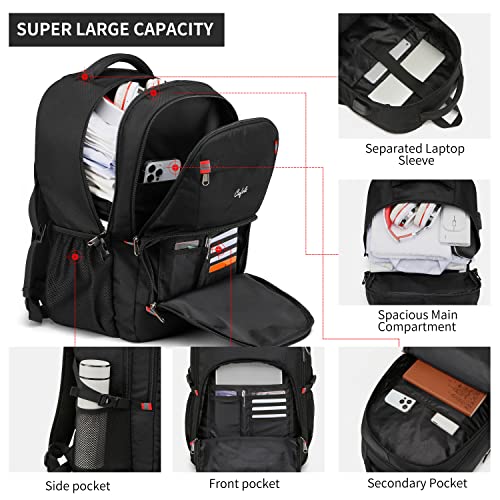 CAFELE 17.3 inch Laptop Backpack,Large Backpack Computer Bookbag Rucksack with USB Charging Port,Water Resistant Sturdy Backpack for Business College School Travel,Men Women Casual Daypack,Black - color: Black