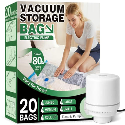 FUNFERY 20 Pack Vacuum Seal Bags for Clothing Travel,Vacuum Storage Bags with Pump,Compressing Packing Bag for Clothes,Blankets,Comforters,Home Storage,Space Saving Bag for Moving Supplies-Combo Set