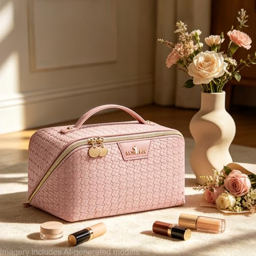 Travel Makeup Bag for Women: 3 Pcs Set Vagen Leather Cosmetic Bag - color: 01Pink