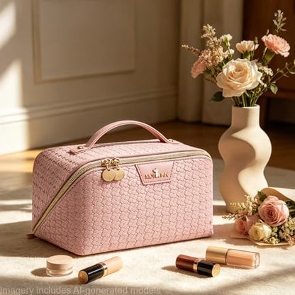 Travel Makeup Bag for Women: 3 Pcs Set Vagen Leather Cosmetic Bag - color: 01Pink
