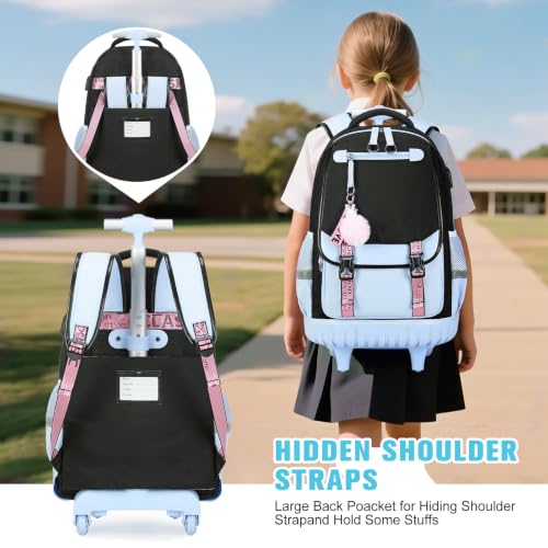 Bevalsa Rolling Backpack for Girls, 3PCS Roller School Backpack Set - color: Black Blue