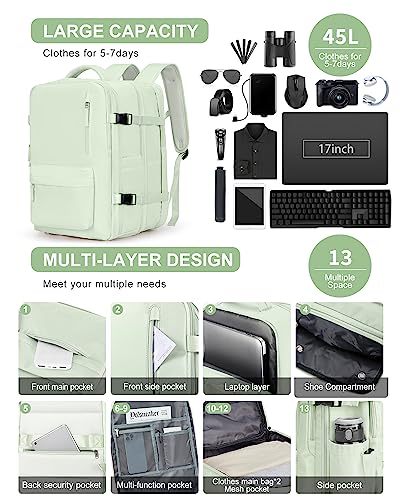 WONHOX Large Travel Laptop Backpack Expandable Flight Approved Backpack Carry on Backpack for Women Men Waterproof 17inch Laptop Daypack Hiking Work Backpack with Shoe Compartment Mint Green - color: A7-mintgreen