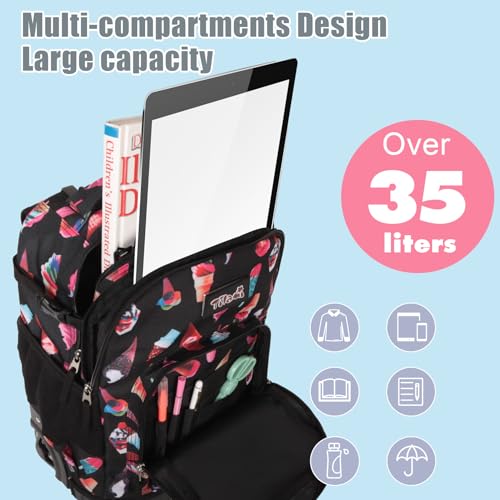 Tilami Rolling Backpack for Kids 19 inch with Lunch Bag Wheeled Laptop Backpack,Ice cream - color: Ice Cream