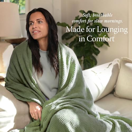 Threadmill Luxury 100% Cotton Queen Herringbone Blanket, Olive - color: Olive, size: Queen (90" x 92")