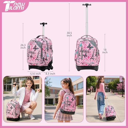 NEW TILAMI 18-Inch Rolling Backpack 6-Wheel for Kids School Travel - color: Pink Paris Cute