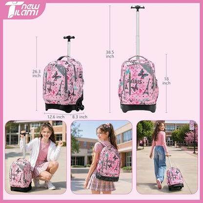 NEW TILAMI 18-Inch Rolling Backpack 6-Wheel for Kids School Travel - color: Pink Paris Cute