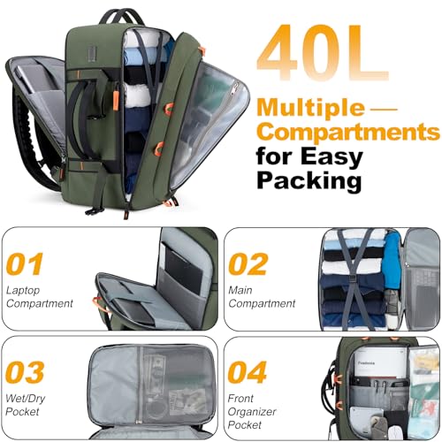 40L Travel Backpack 17.3" Laptop Carry On Duffel Flight Approved - color: Armygreen