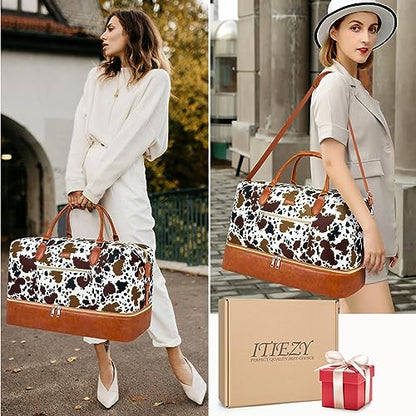 ITIEZY Weekender Bag for Women 21.5" Travel Duffel Large Carry On Bag 3PCS - color: 5-Brown Cow-Single