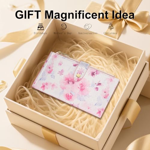 Travelambo Womens Leather Bifold Wallet, Slim RFID Blocking Card Holder - color: Pink Flower