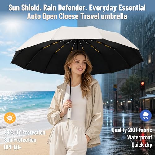 Windproof Sunshade Umbrella for Rain, Withstand Winds, 37 Inch Automatic Umbrellas Easy Auto Open Close, Portable Compact Umbrella for Travel, Car, Commute, Women Men, Backpack （Beige）