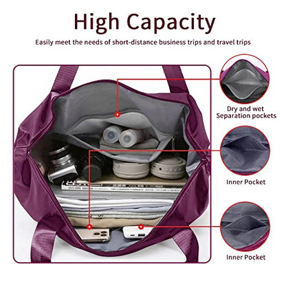 Large Capacity Foldable Travel Bag, Expandable Waterproof Carry on Bag, Dry and Wet Separation Spor Duffel Bags - color: Fuchsia