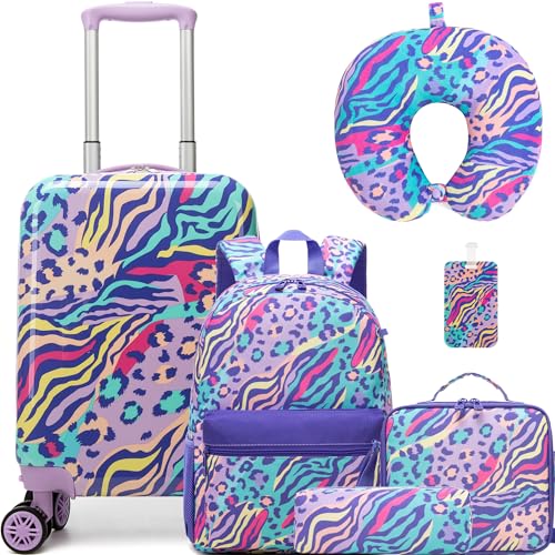Kids Carry on Luggage Sets 5 Piece Rolling Suitcases for Girls Women with Wheels Toddler Hardshell Suitcase Set Airplane Approved - color: Blue Leopard Print