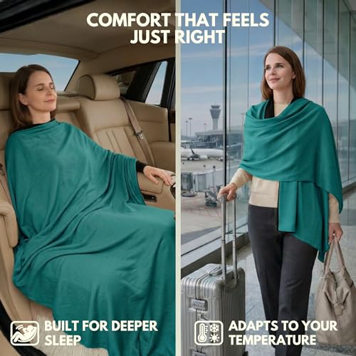 16-in-1 Compact Travel Blanket with Bag – Reversible, Ultra Soft Bamboo Airplane Blanket with Hidden Pocket – Packable for Flights & Travel Essentials (Semi-Weighted, Double Layer) - color: Teal/Black