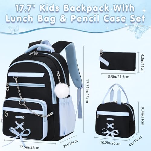 GeeWin Backpacks for Girls, Girls Backpack with Lunch Box & Pencil Case Set - color: Black Blue