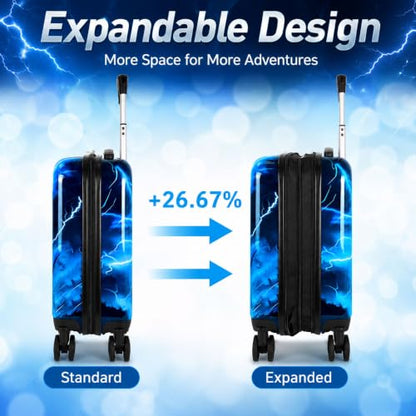 UFNDC Lightweight Hardshell Spinner Luggage Set for Kids 2PCS with Wheels - Airplane Approved Carry-On Suitcase for Boys Ages 3-10, Lightning Dinosaur Rolling Suitcases for Elementary Toddler Travel - color: Blue Lightning Dinosaur Luggage 2PCS Set