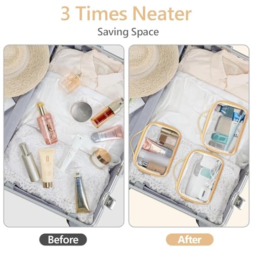 PACKISM Clear Makeup Bag Travel - TSA Approved Toiletry Bag, 3 Pack - color: Beige Yellow Purple, size: Medium Set (Patterned/ Lace Edition)
