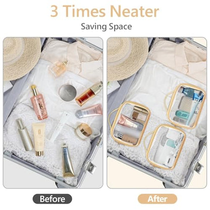 PACKISM Clear Makeup Bag Travel - TSA Approved Toiletry Bag, 3 Pack - color: Beige Yellow Purple, size: Medium Set (Patterned/ Lace Edition)