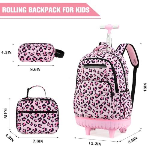 ACESAK Rolling Backpack for Girls with Lunch Bag & Pencil Pouch - color: Pink Leopard