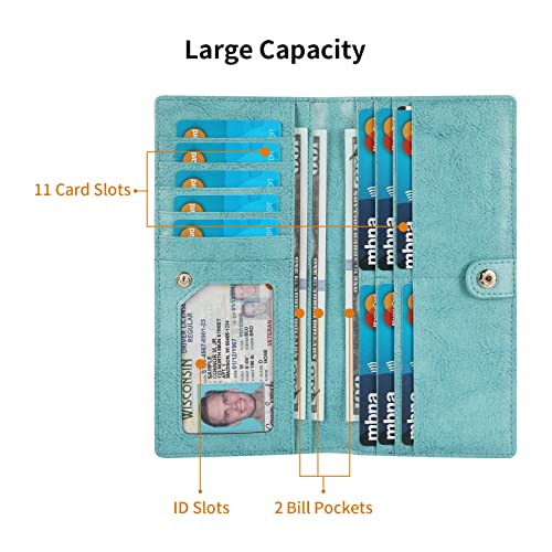 Lavemi Ultra Slim Thin Leather Women Wallet RFID Blocking Credit Card Holder Bifold Long Ladies Billfold - color: 1-waxed Light Green