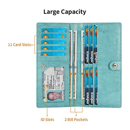 Lavemi Ultra Slim Thin Leather Women Wallet RFID Blocking Credit Card Holder Bifold Long Ladies Billfold - color: 1-waxed Light Green