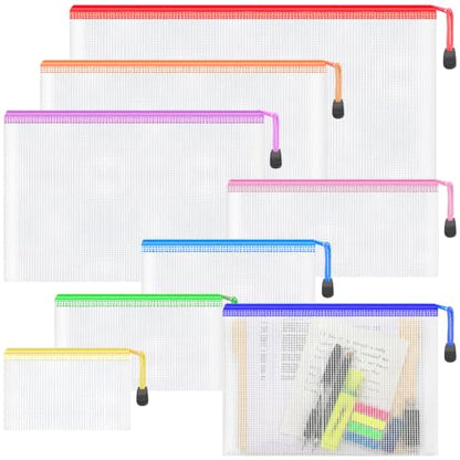 Smarpau 8pcs Mesh Zipper Pouch Bags,8 Sizes 8 Colors Clear Plastic File Bag - size: Multisizes-8pcs