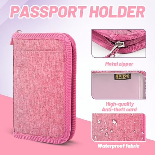 Passport Holder for Travel, RFID Blocking Wallet for Couples Men and Family - color: Pink