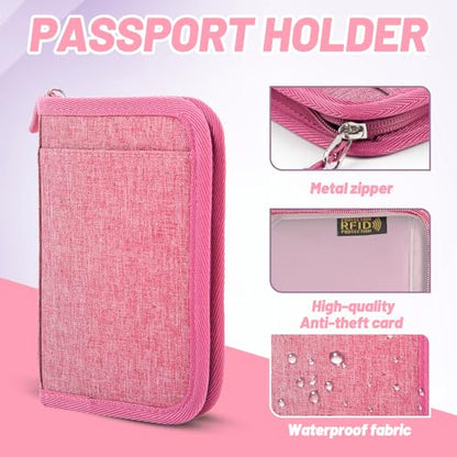 Passport Holder for Travel, RFID Blocking Wallet for Couples Men and Family - color: Pink