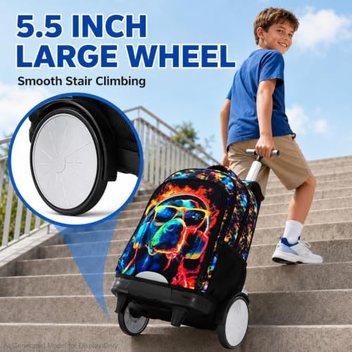 3Pcs Rolling Backpack for Boys with Detachable Large Wheels, Kids Cool Dog Wheeled Backpack Set for Elementary School Travel (Black) - color: Dog Black