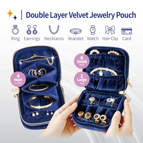 Small Travel Jewelry Case with Earring Box Mini Jewelry Case - color: Dark blue double-layer