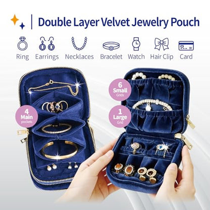 Small Travel Jewelry Case with Earring Box Mini Jewelry Case - color: Dark blue double-layer