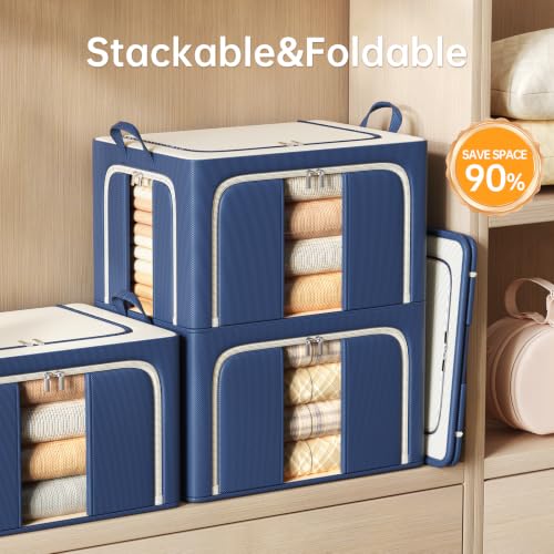 3 Openings Clothes Storage Bins with Metal Frame，24L (navy blue) - color: Navy Blue, size: 24L（15.7“X11.81"X7.87")