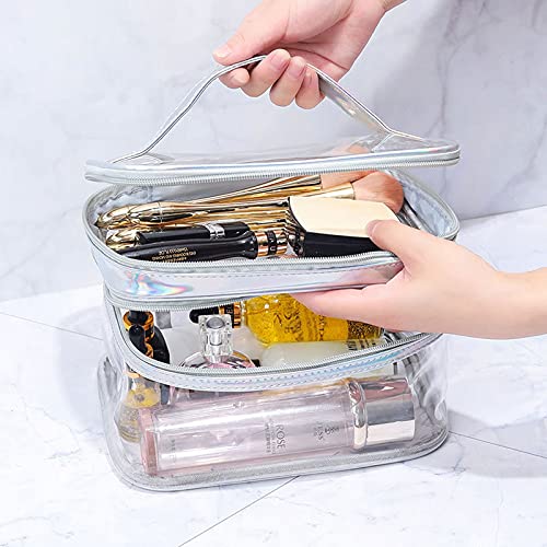 Clear Cosmetic Bag Dual Layer Travel Toiletry Bags Make up Organizer Waterproof Brushes Holder - color: Silver