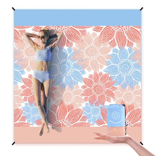 HIHOHO Waterproof Sandproof Beach Blanket Mat for 1-8 Adults, Quick Drying - color: Blue Flower, size: 79" X 108"（1~5 person）