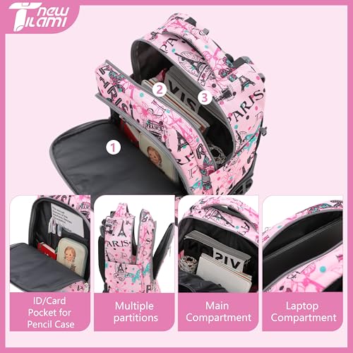NEW TILAMI 18-Inch Rolling Backpack 6-Wheel for Kids School Travel - color: Pink Paris Cute
